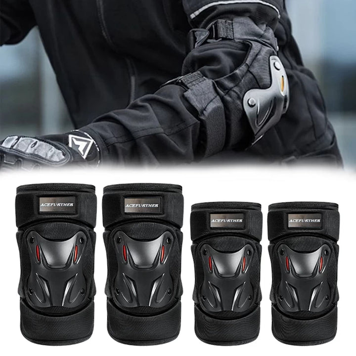 Full set of Acefurther protective gear for knees and elbows, shown on rider and display