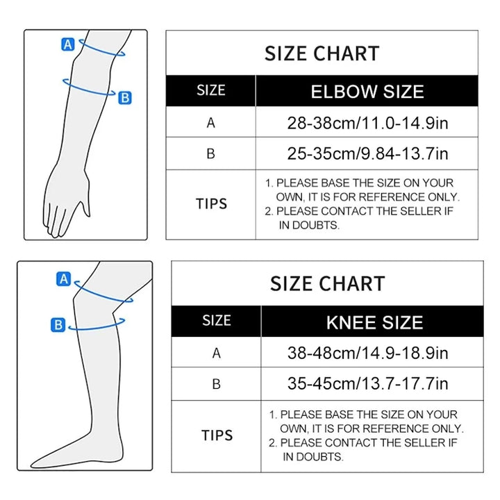 Size chart showing compatible arm and leg measurements for elbow and knee guards