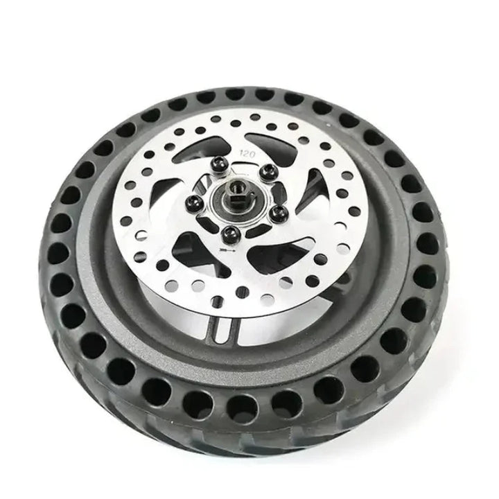 Fully assembled rear wheel with 120mm disc brake rotor and 8.5" honeycomb tyre for Xiaomi PRO/PRO2.