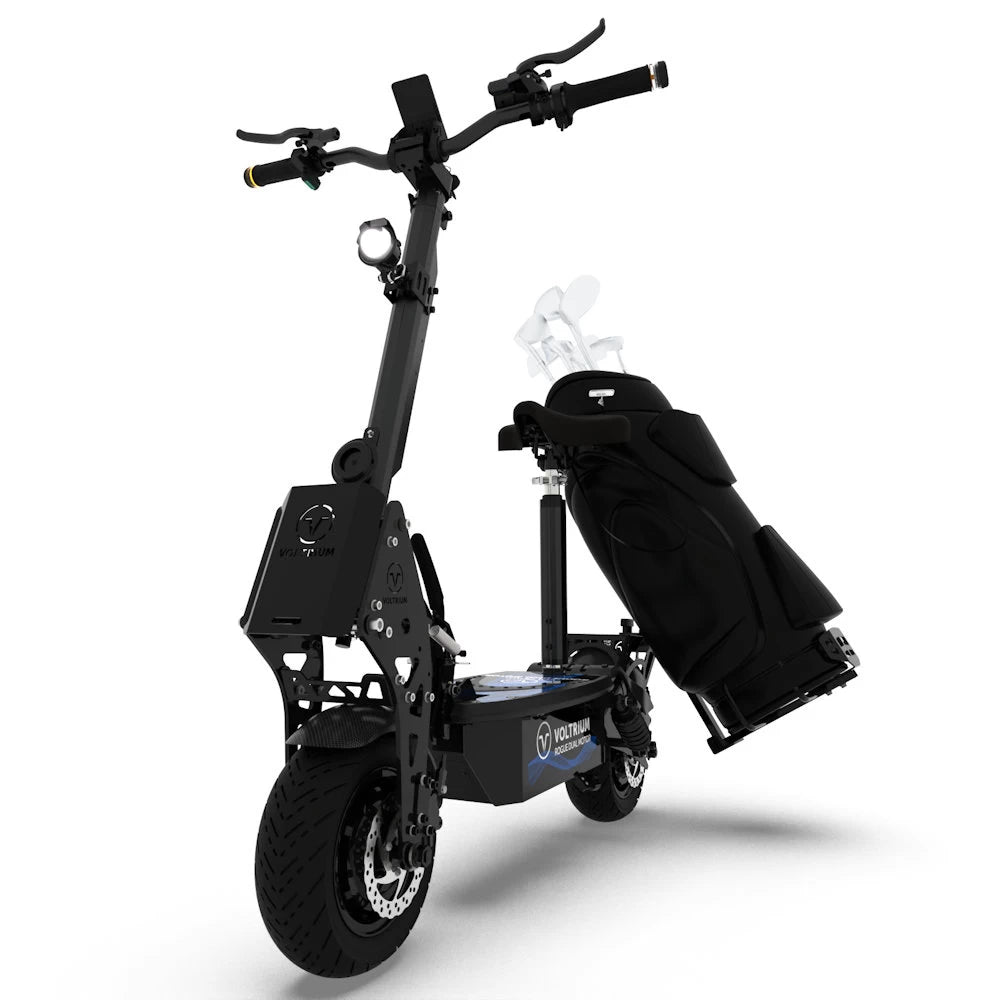 Voltrium Rogue Dual Motor electric scooter with golf bag caddy – perfect for golfers on the move.