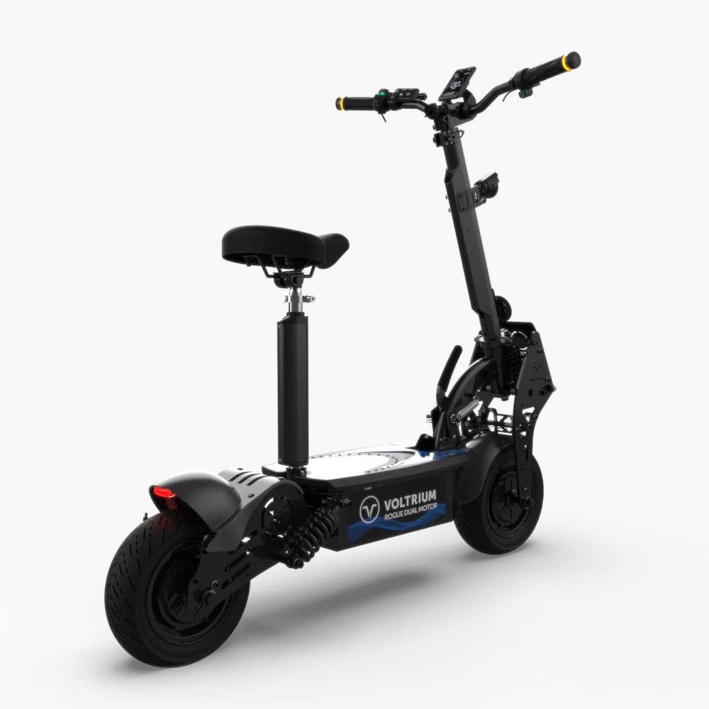 Rear quarter angle view of the Voltrium Rogue scooter in seated riding mode, with emphasis on the powerful rear suspension and braking system.