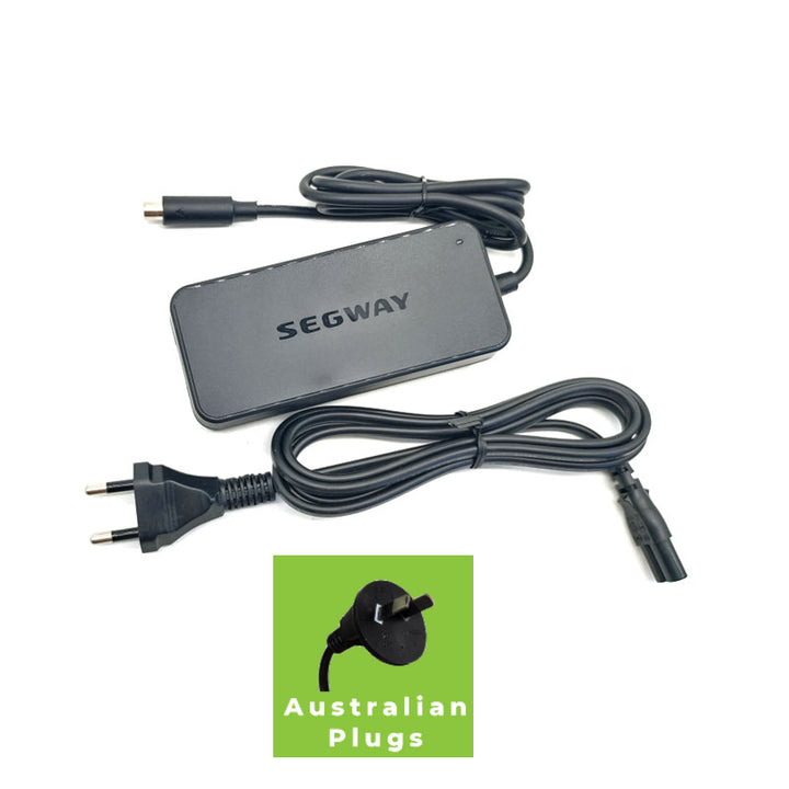 Full overhead view of original Segway Ninebot Charger/AC Power Adapter - emphasizes Australian Plugs are provided.