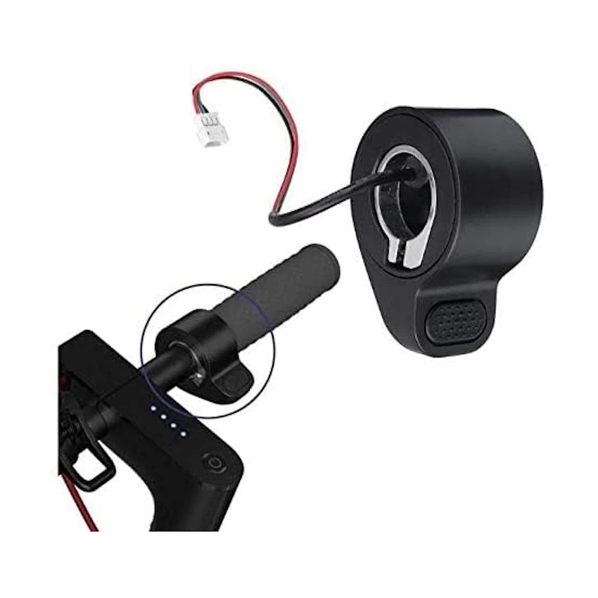 Close-up view of Xiaomi M365/1S throttle accelerator with connector cable.