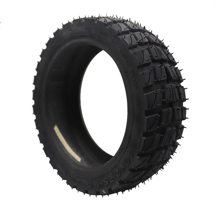 Side view of 10x2.7-6.5 tubeless off-road scooter tyre showing tread and sidewall details.