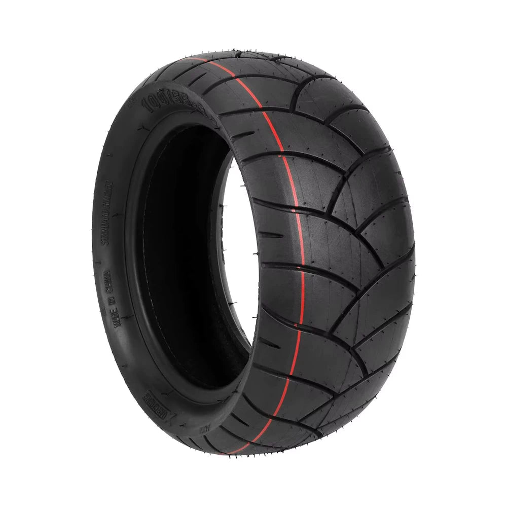 Hero view of Xuancheng 100/55-6.5 tubeless electric scooter tyre with directional road tread and red line.