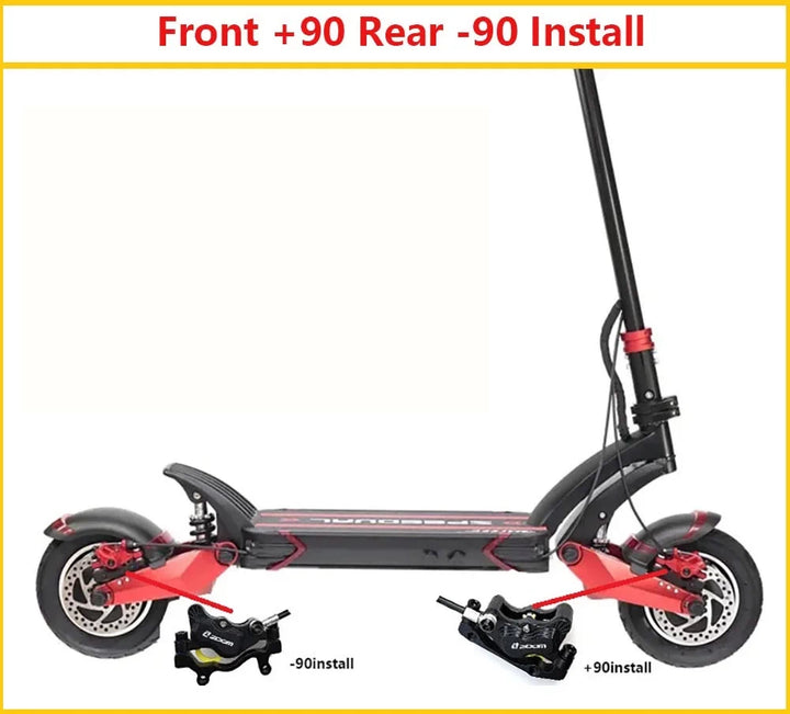 Zoom 4-piston hydraulic brake kit installed on electric scooter - front +90 rear -90 mounting