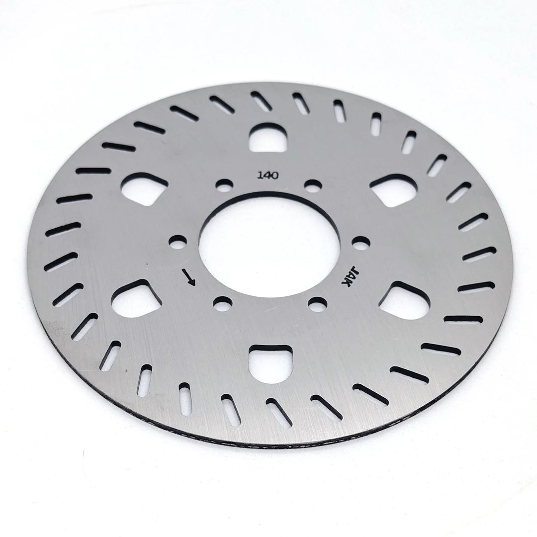 Angled view of the Genuine Segway GT1 GT2 140mm stainless steel OEM disc brake rotor showing directional arrow for correct fitment. 