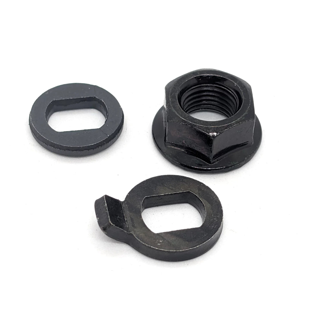 Factory M14 motor hub nut set for Bexly Blackhawk, Apollo Phantom V2 and electric scooters with M14 motor axle including nuts, torque washers and spacer washers.