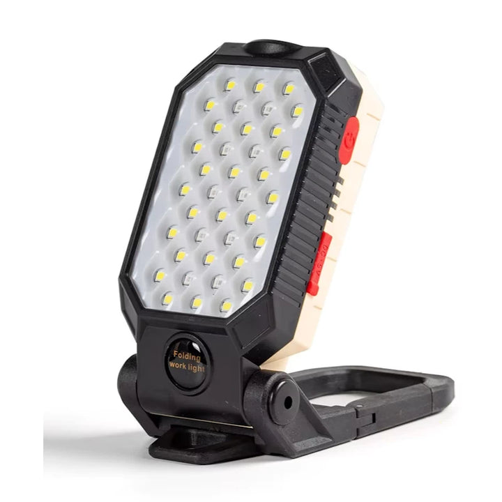 High Power LED Rechargeable Work Light with multi-LED panel, adjustable bracket, and magnetic base.