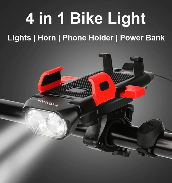 4-in-1 waterproof bike light featuring dual LED lights, phone holder, power bank, and horn for cycling.