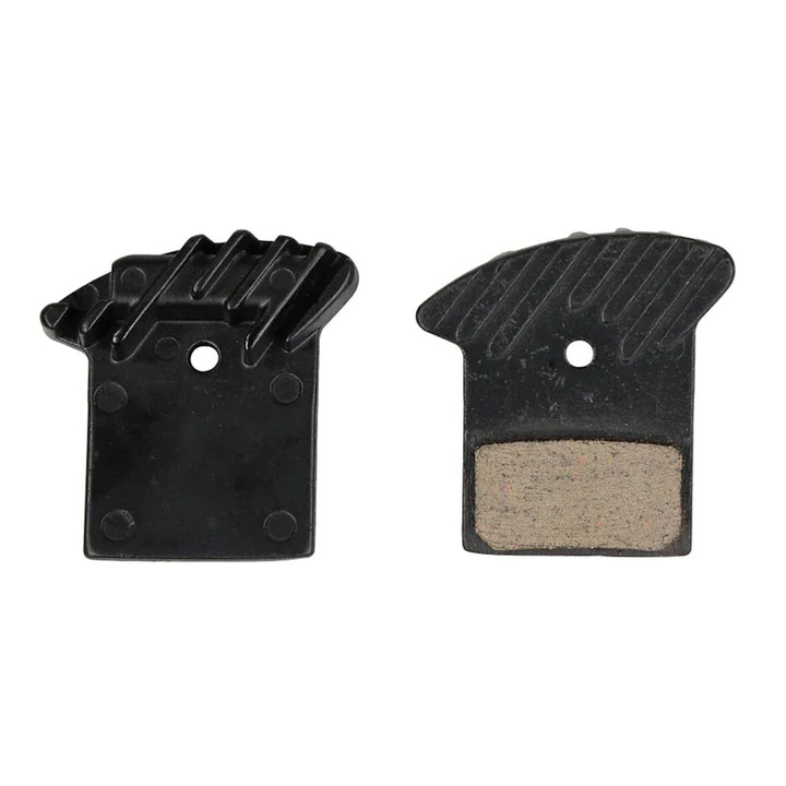 Nutt hydraulic brake pads with cooling fins for electric scooters and e-bikes, offering enhanced braking performance and heat dissipation for safer rides. Shows both inner and outer side of brake pads.