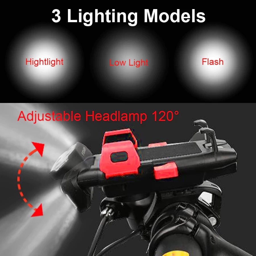 Adjustable 120° headlamp with 3 lighting modes for bike light including high, low, and flash options.