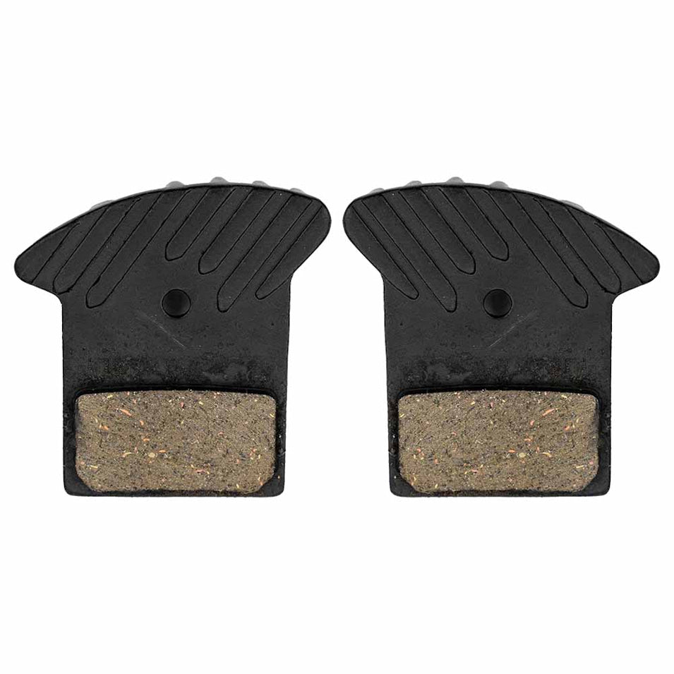 Nutt hydraulic brake pads with cooling fins for electric scooters and e-bikes, offering enhanced braking performance and heat dissipation for safer rides. Shows brake pad side of both brake pads.