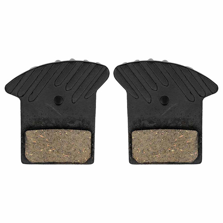 Nutt hydraulic brake pads with cooling fins for electric scooters and e-bikes, offering enhanced braking performance and heat dissipation for safer rides. Shows brake pad side of both brake pads.