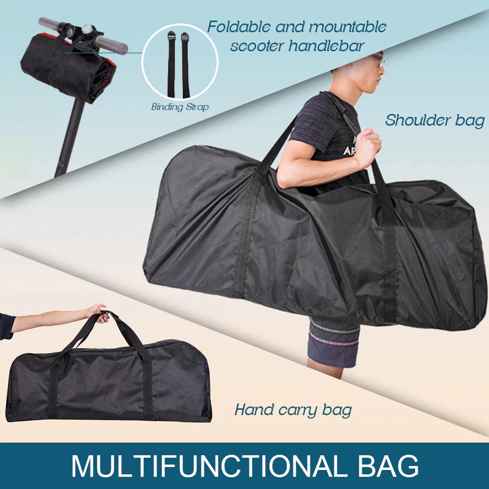 Multifunctional electric scooter carry bag shown as shoulder bag, hand-carry bag, and foldable strap attachment for easy storage.