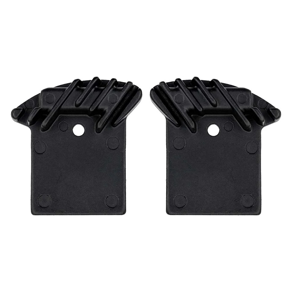 Nutt hydraulic brake pads with cooling fins for electric scooters and e-bikes, offering enhanced braking performance and heat dissipation for safer rides. Shows outer sides of both brake pads.