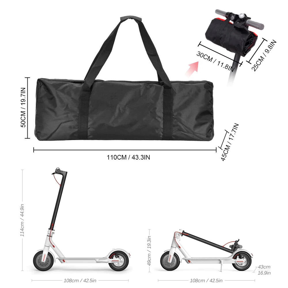 Dimensions and specifications of the rainproof electric scooter carry bag with 43.3-inch length and 19.7-inch height.