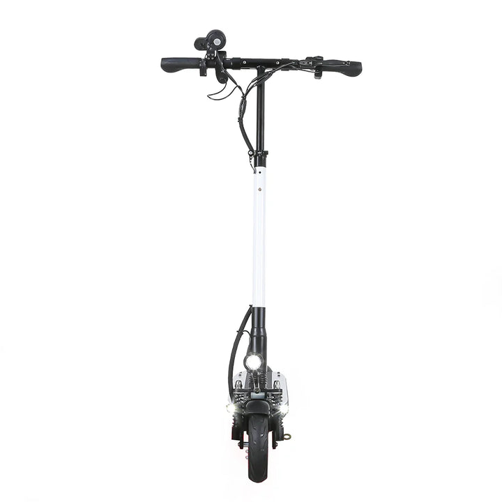 Front view of EMOVE Touring Electric Scooter with headlight on - improved visibility for nighttime rides.
