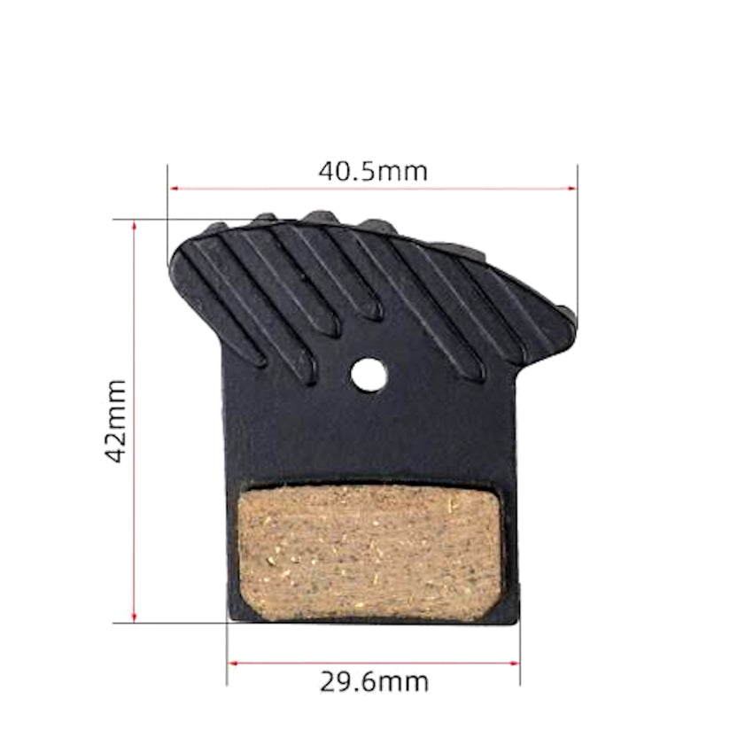 Nutt hydraulic brake pads with cooling fins for electric scooters and e-bikes, offering enhanced braking performance and heat dissipation for safer rides. Shows dimensions of pad.