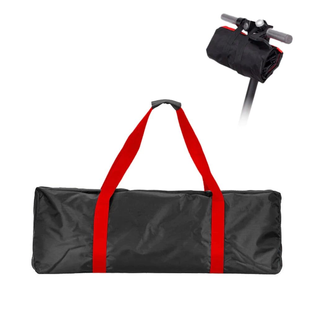 Rainproof electric scooter carry bag with red straps and handlebar attachment option for convenient portability.