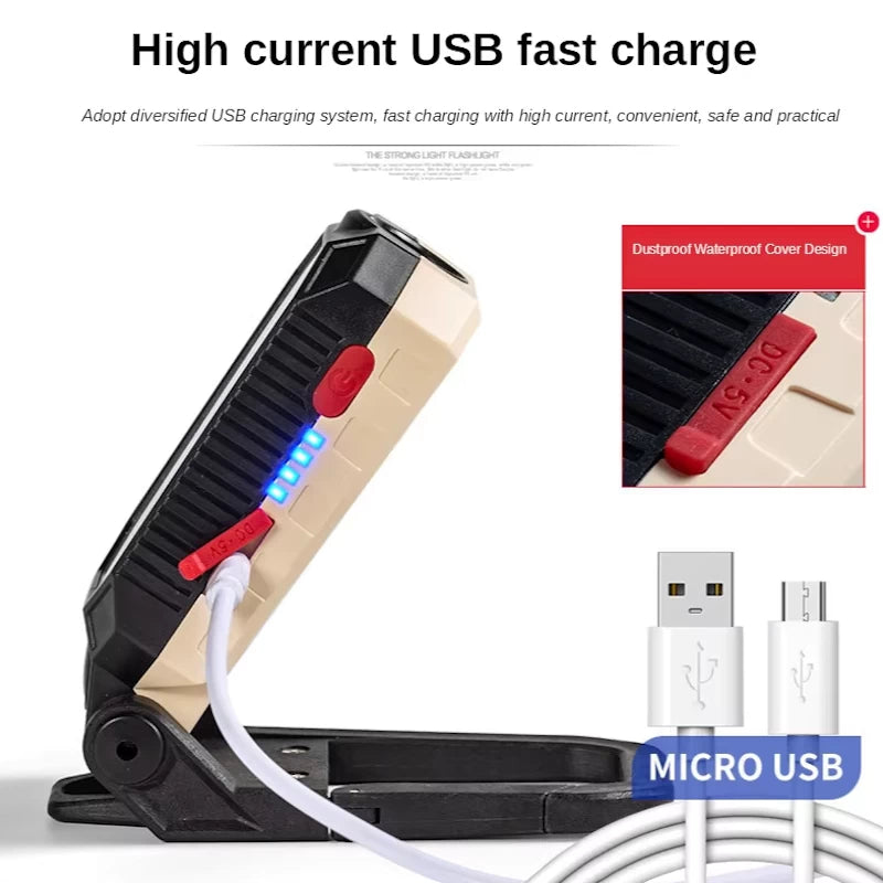 Work light charging via Micro-USB, highlighting fast-charging capability.