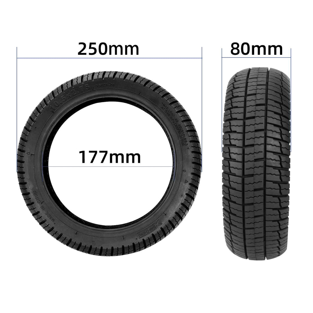 Xuancheng 10.5×2.75 tubeless tyre showing overall diameter 250mm, internal diameter 177mm and 80mm width dimensions.