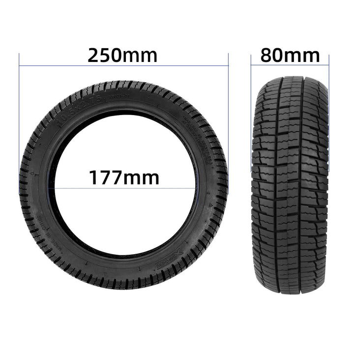 Xuancheng 10.5×2.75 tubeless tyre showing overall diameter 250mm, internal diameter 177mm and 80mm width dimensions.