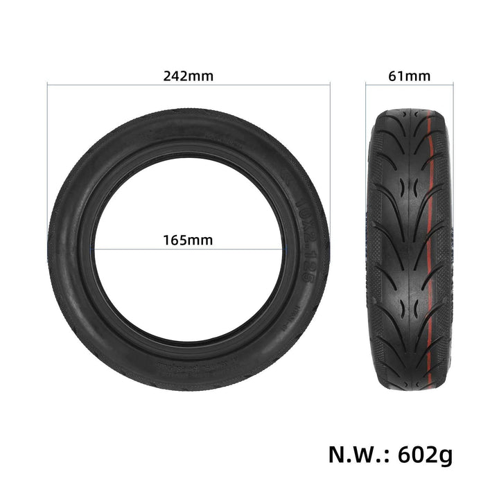 10×2.125 tubeless electric scooter tyre showing overall diameter, internal diameter and tyre width.
