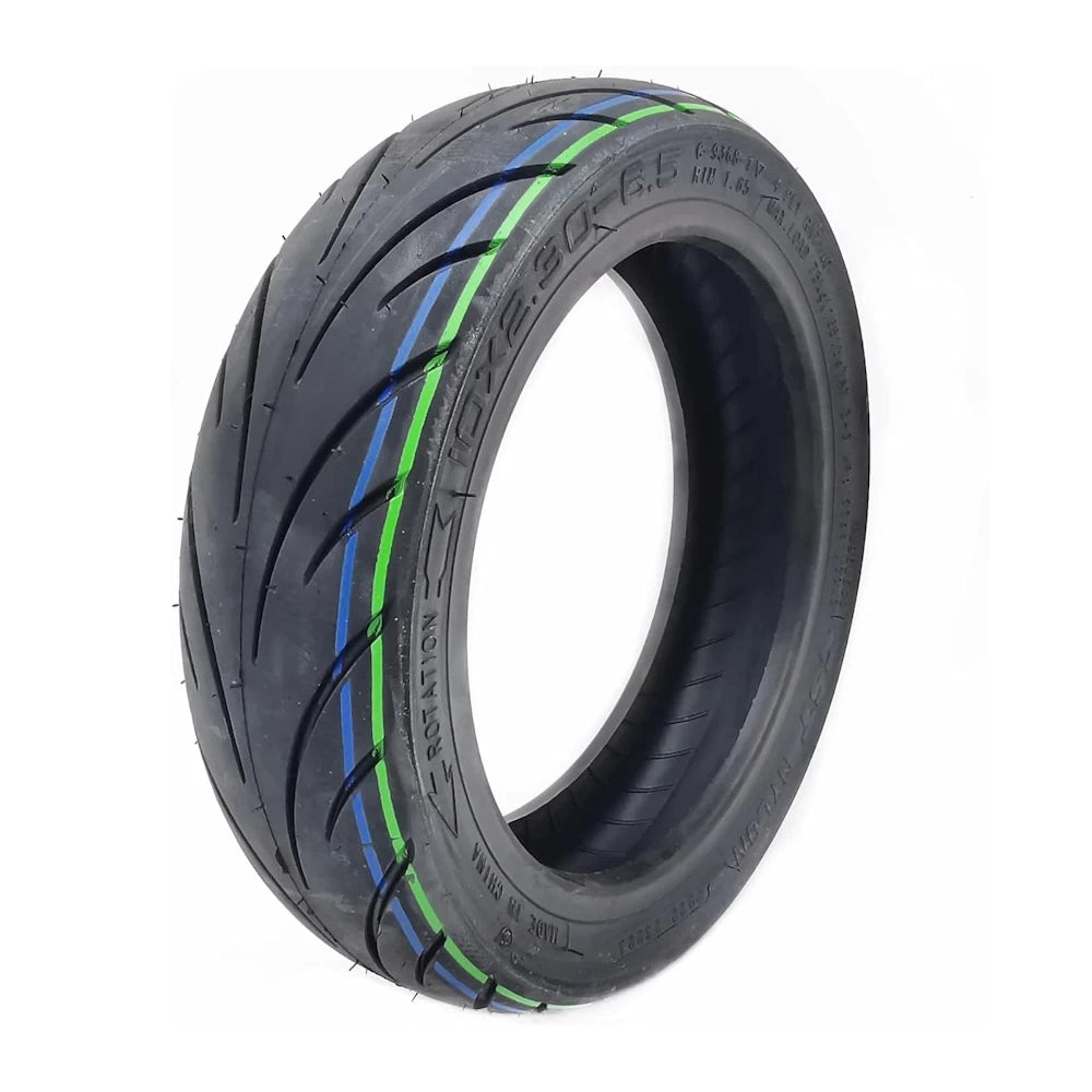 CST 10x2.3-6.5 Tubeless Tyre for NIU KQi2 Electric Scooter, showcasing a durable road tread pattern for grip and performance.