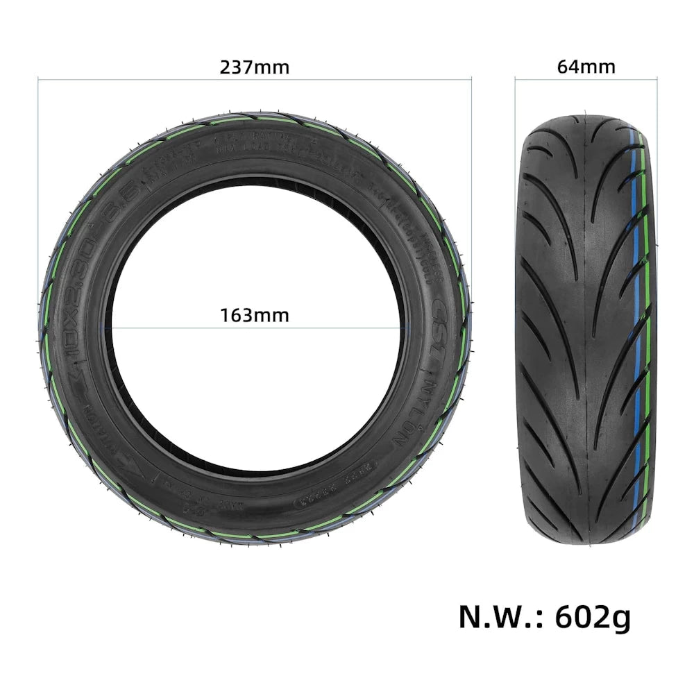 Diagram showing the dimensions of the CST 10x2.3-6.5 Tubeless Tyre for NIU KQi2 Electric Scooter, measured at 237mm outer diameter, 163mm inner diameter and 64mm width