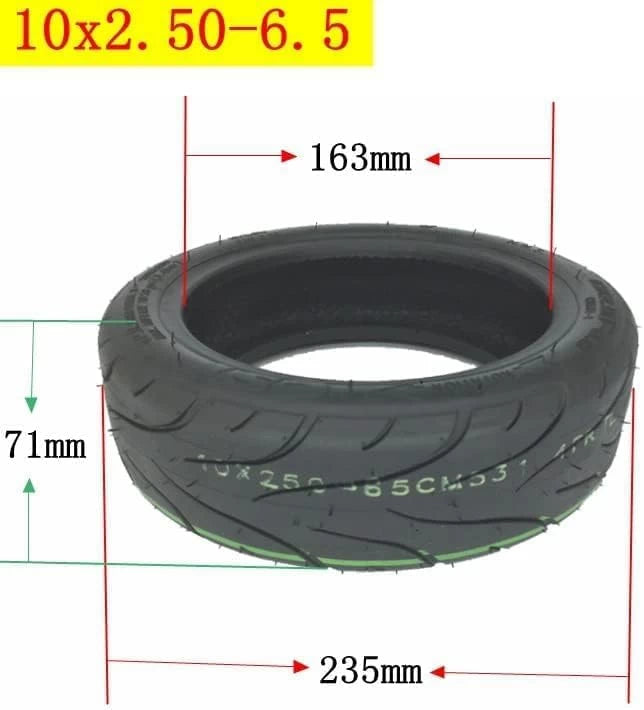 Dimension chart of the CST 10x2.50-6.5 Tubeless Tyre, showing and inner diameter of 163mm, and outer diameter of 235mm and a width of 71mm.