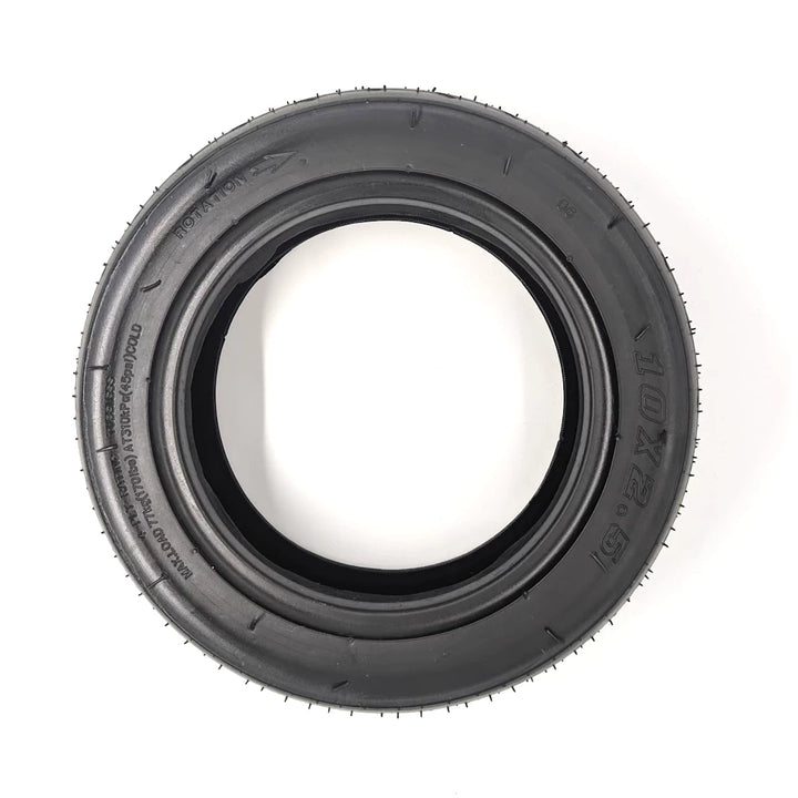 Side profile of 10x2.5 tubeless scooter tyre showing directional arrow for correct orientation