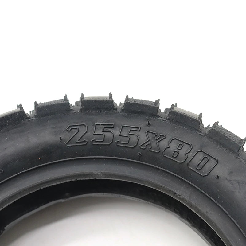 TUOVT 255x80 all-terrain tyre for electric scooters, providing superior traction and durability on diverse surfaces for enhanced off-road performance. The 255x80 sizing is displayed on the side wall of the tyre