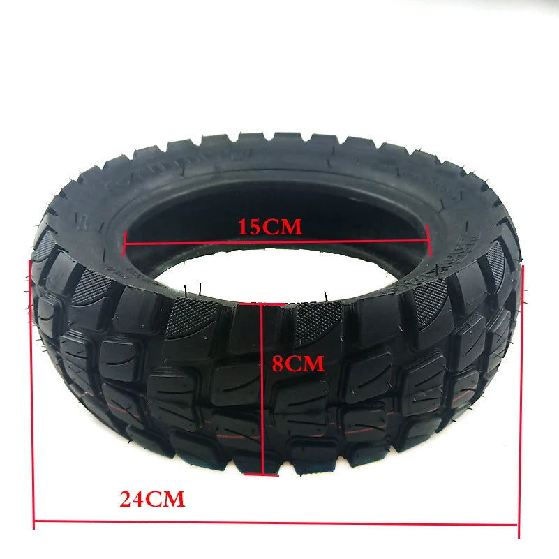 TUOVT 255x80 all-terrain tyre for electric scooters, providing superior traction and durability on diverse surfaces for enhanced off-road performance. A dimensions of the tyre are shown. 24 cm diameter by 8 cm wide with a 15 cm inner diameter.