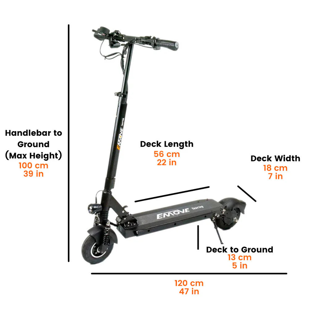 EMOVE Touring electric scooter with dimensions labeled, showing handlebar height, deck length, width, and ground clearance for portability and convenience.