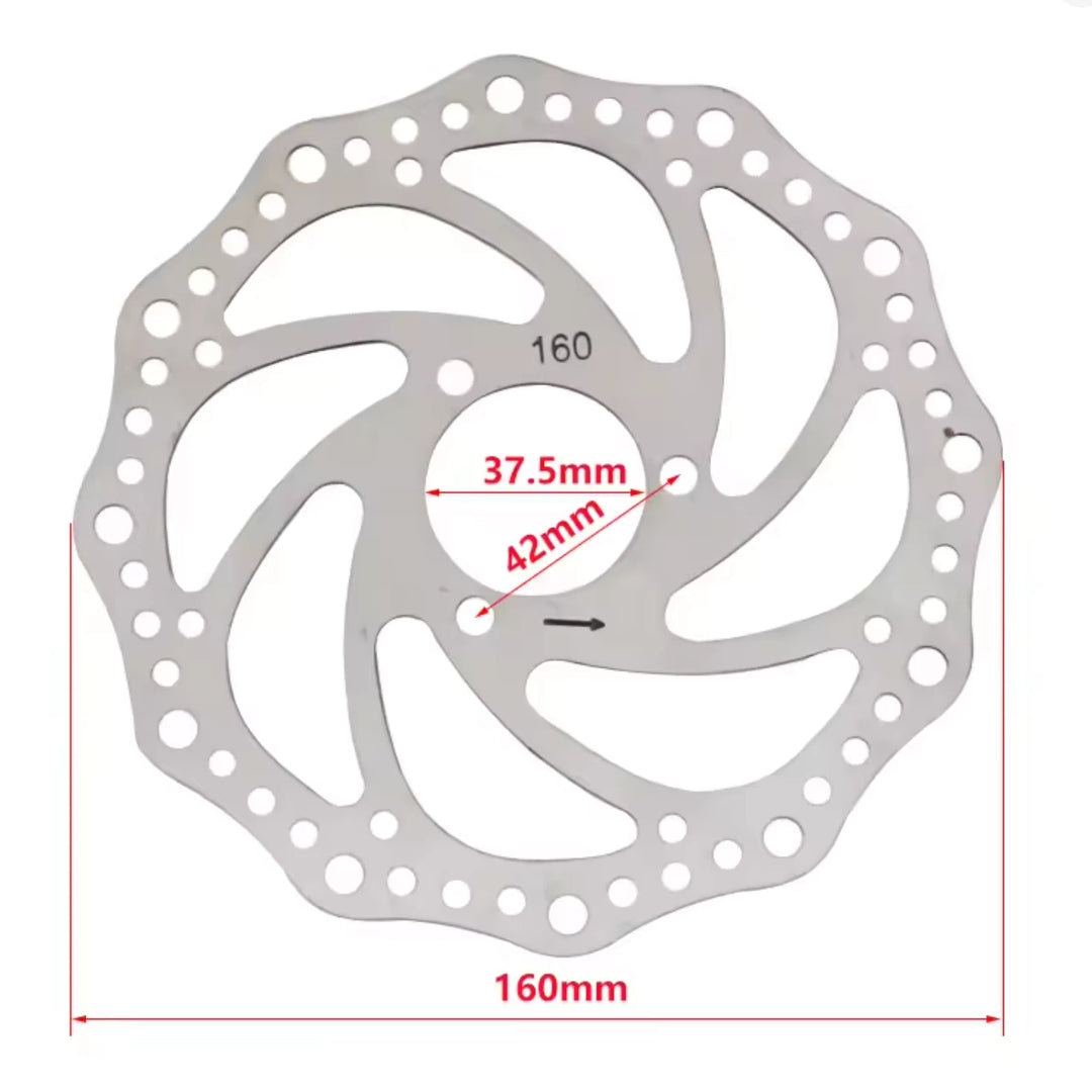 160mm disc brake rotor with 3 mounting holes, for selected models of Dualtron Achillieus and DT City, showing 42mm distance between mounting holes, and an inner diameter of 37mm.