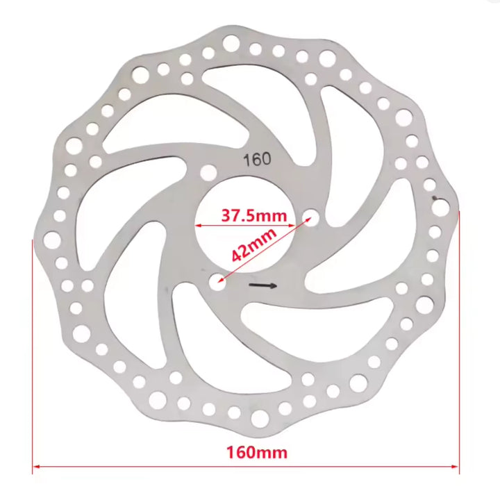 160mm disc brake rotor with 3 mounting holes, for selected models of Dualtron Achillieus and DT City, showing 42mm distance between mounting holes, and an inner diameter of 37mm.