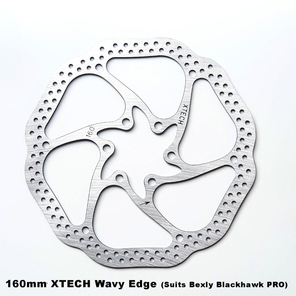 160mm XTECH, Wavy Edge Disc Brake Rotor. Suits Bexly Blackhawk PRO and Apollo Phantom V2 Pro. Branded with XTECH and directional arrow to ensure correct installation.