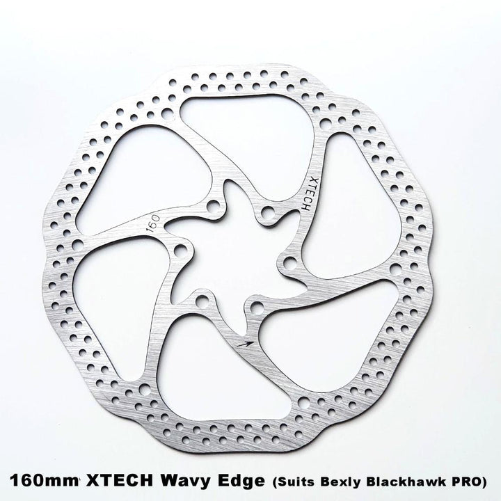 160mm XTECH, Wavy Edge Disc Brake Rotor. Suits Bexly Blackhawk PRO and Apollo Phantom V2 Pro. Branded with XTECH and directional arrow to ensure correct installation.