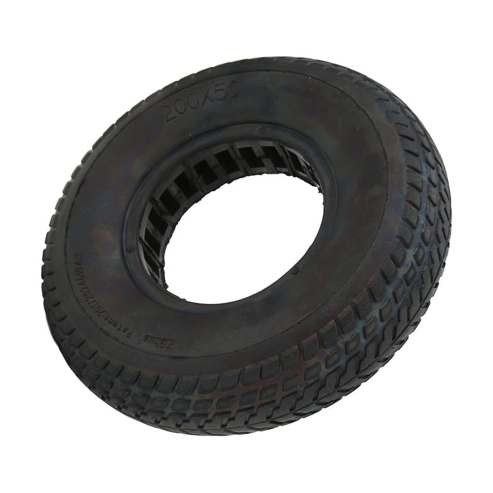 Angled view of black 200x50 airless tyre showing size marking and grooved tread