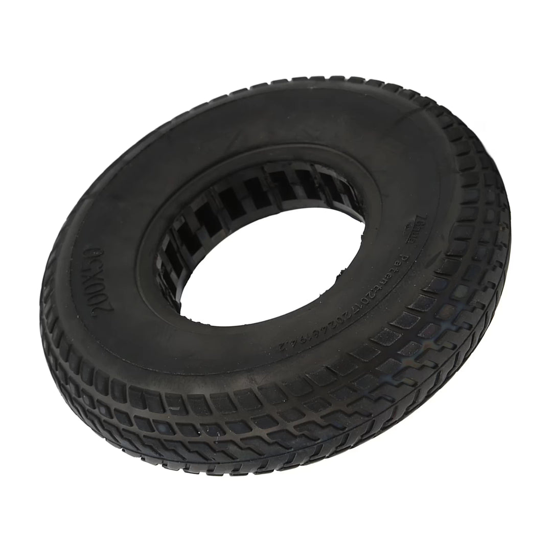 Alternative angle showing the internal support cavities of black 200x50 airless tyre