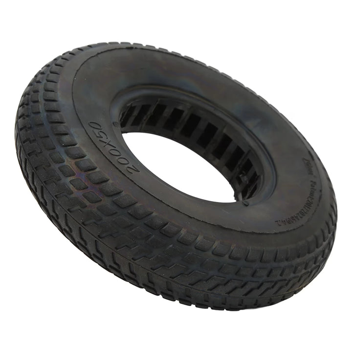 Perspective view of 200x50 honeycomb tyre showing tread and mounting opening