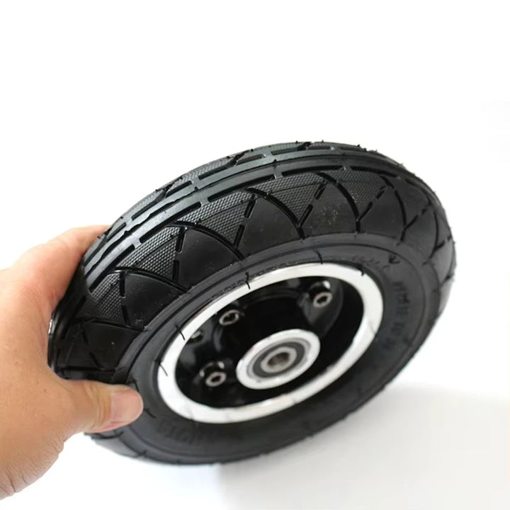 Angled view of the 8" Electric Scooter Wheel Hub, fitted with 200x50 HOTA tyre, inner tube and bearings for M10 Axle