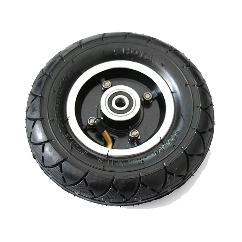 Hero view of the 200x50 HOTA Electric Scooter Tyre with Aluminium Alloy Wheel Hub, and inner tube with 45 degree valve. 