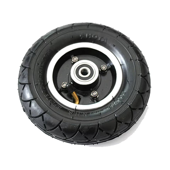 Hero view of the 200x50 HOTA Electric Scooter Tyre with Aluminium Alloy Wheel Hub, and inner tube with 45 degree valve. 