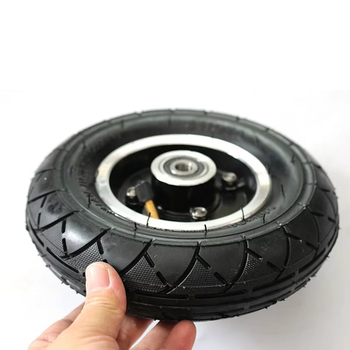 Top view of the 200x50 HOTA Electric Scooter Tyre with Aluminium Alloy Wheel Hub, bearing and inner tube with 45 degree valve. 