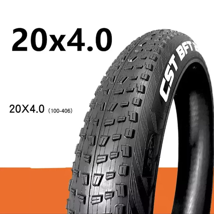 CST BFT 20x4.0 Fat Tyre - All-terrain mountain bike tyre with aggressive tread pattern, with 20x4.0 tyre sizing superimposed over the image.