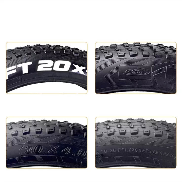 CST BFT 20x4.0 tyre sidewall displaying brand logo and technical specifications.