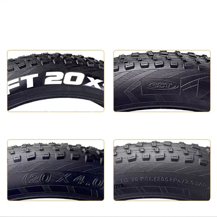 CST BFT 20x4.0 tyre sidewall displaying brand logo and technical specifications.