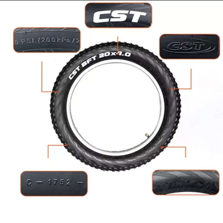 Detailed sidewall view of CST BFT 20x4.0 tyre showcasing wire bead construction.